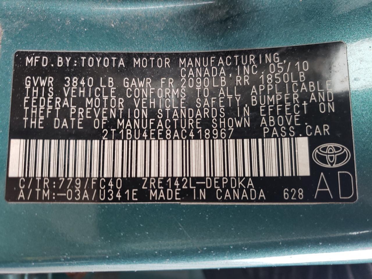 Photo 10 from auction – 2010 TOYOTA COROLLA with VIN 2T1BU4EE8AC418967