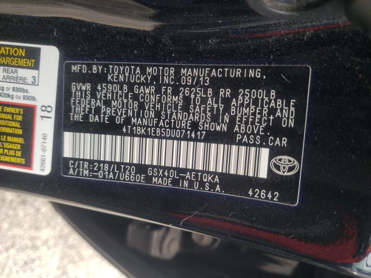 Photo 10 from auction – 2013 TOYOTA AVALON BAS with VIN 4T1BK1EB5DU071417