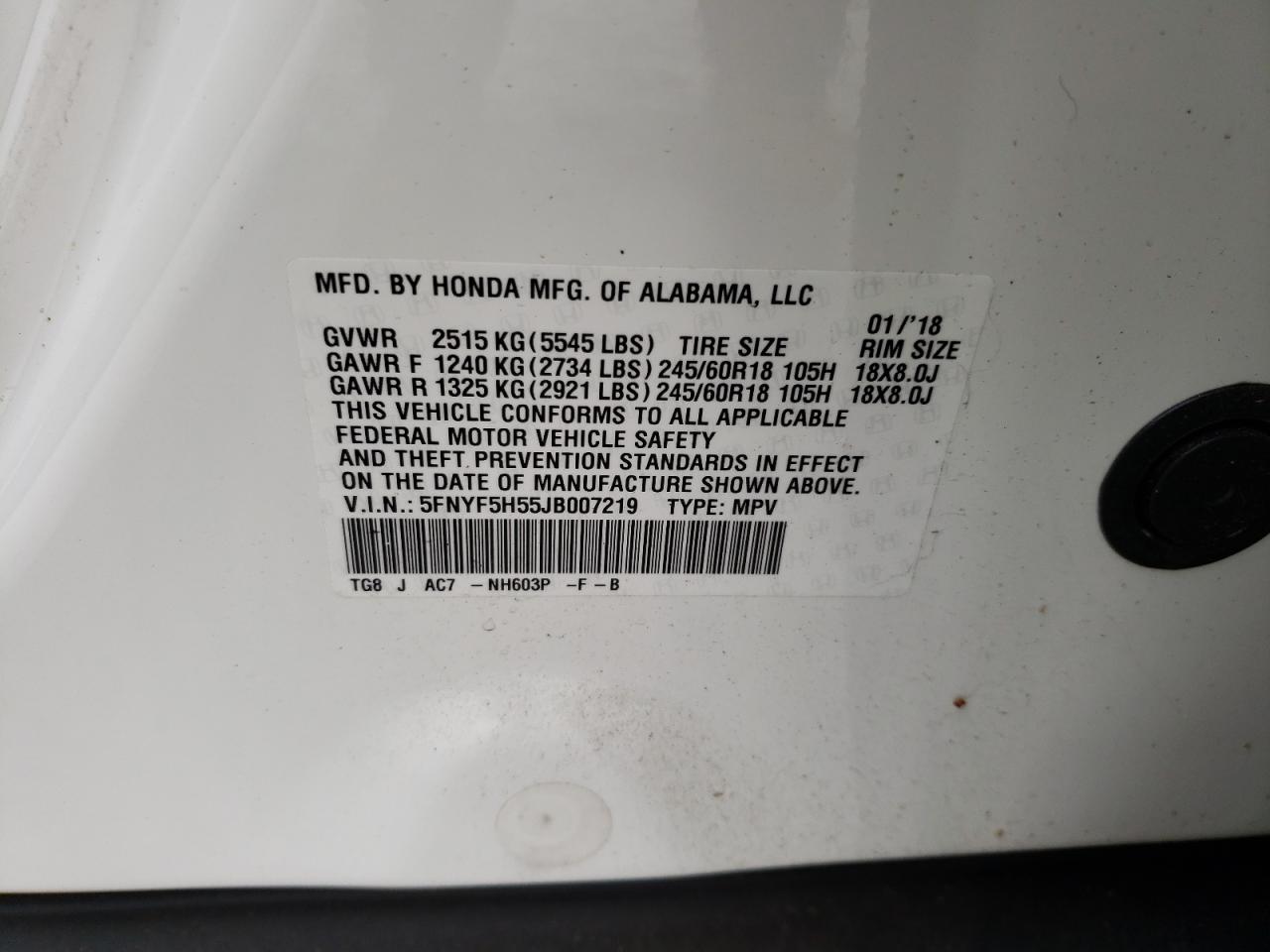 Photo 10 from auction – 2018 HONDA PILOT EXL with VIN 5FNYF5H55JB007219