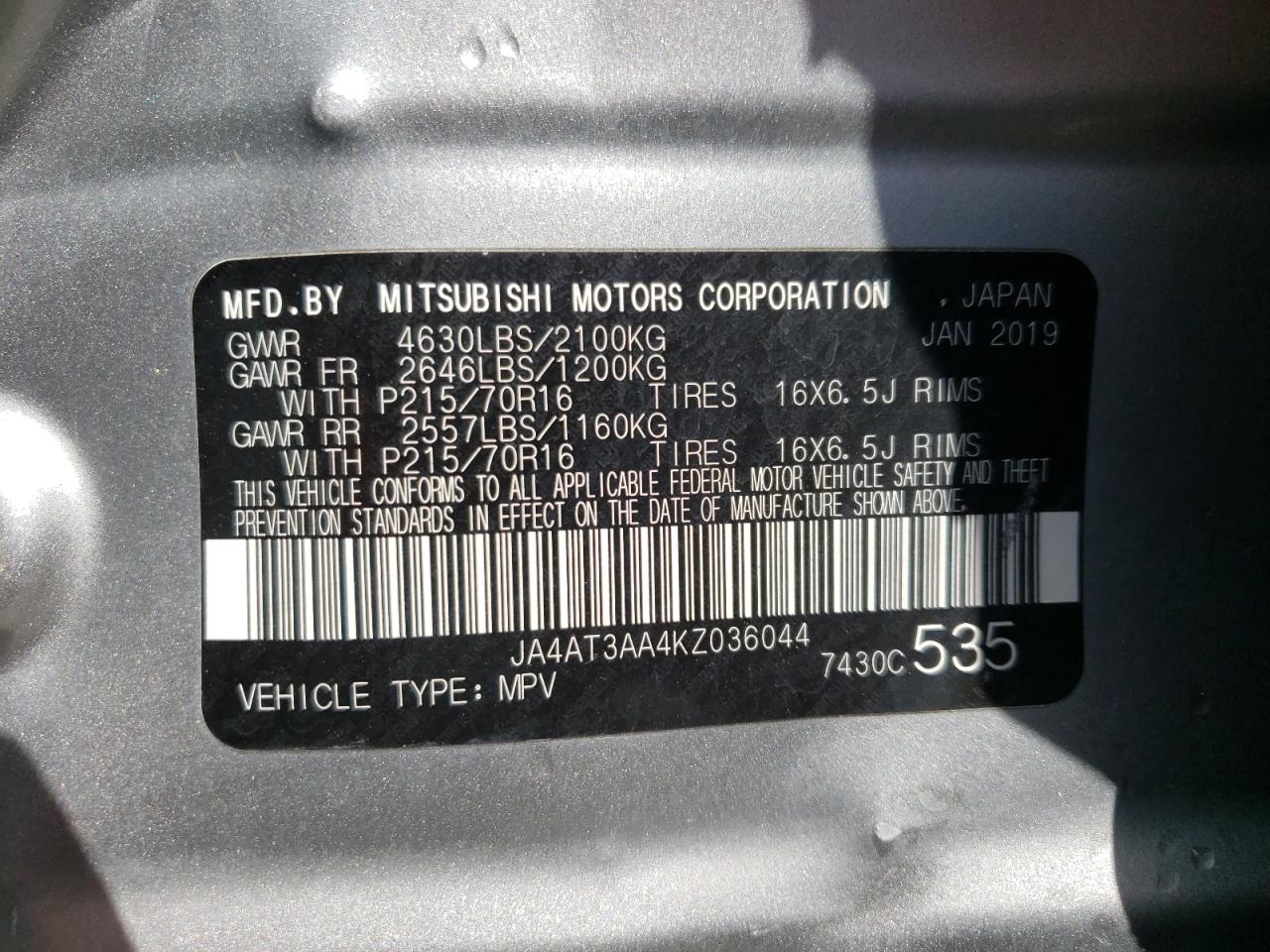 Photo 10 from auction – 2019 MITSUBISHI ECLIPSE CR with VIN JA4AT3AA4KZ036044