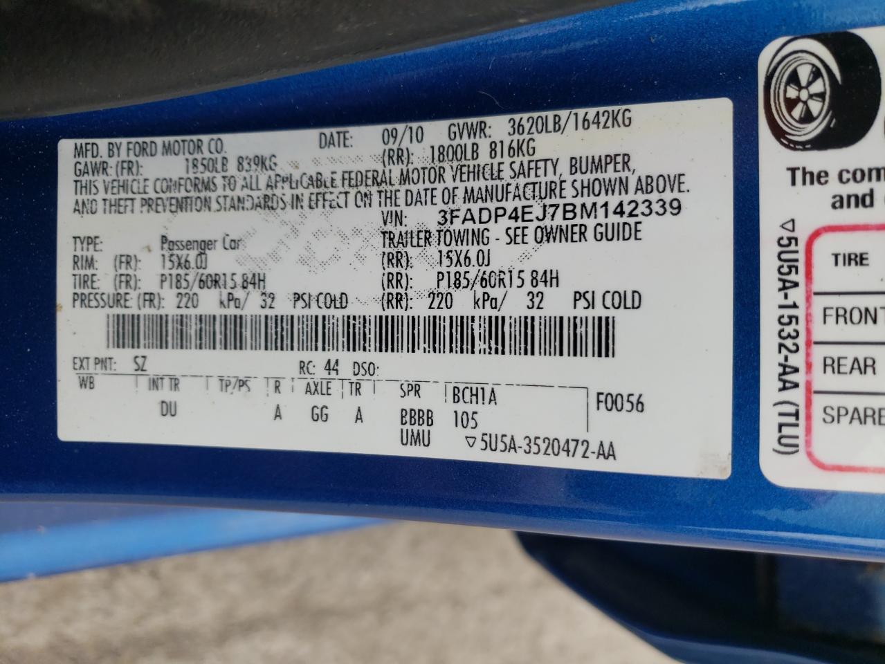 Photo 10 from auction – 2011 FORD FIESTA SE with VIN 3FADP4EJ7BM142339