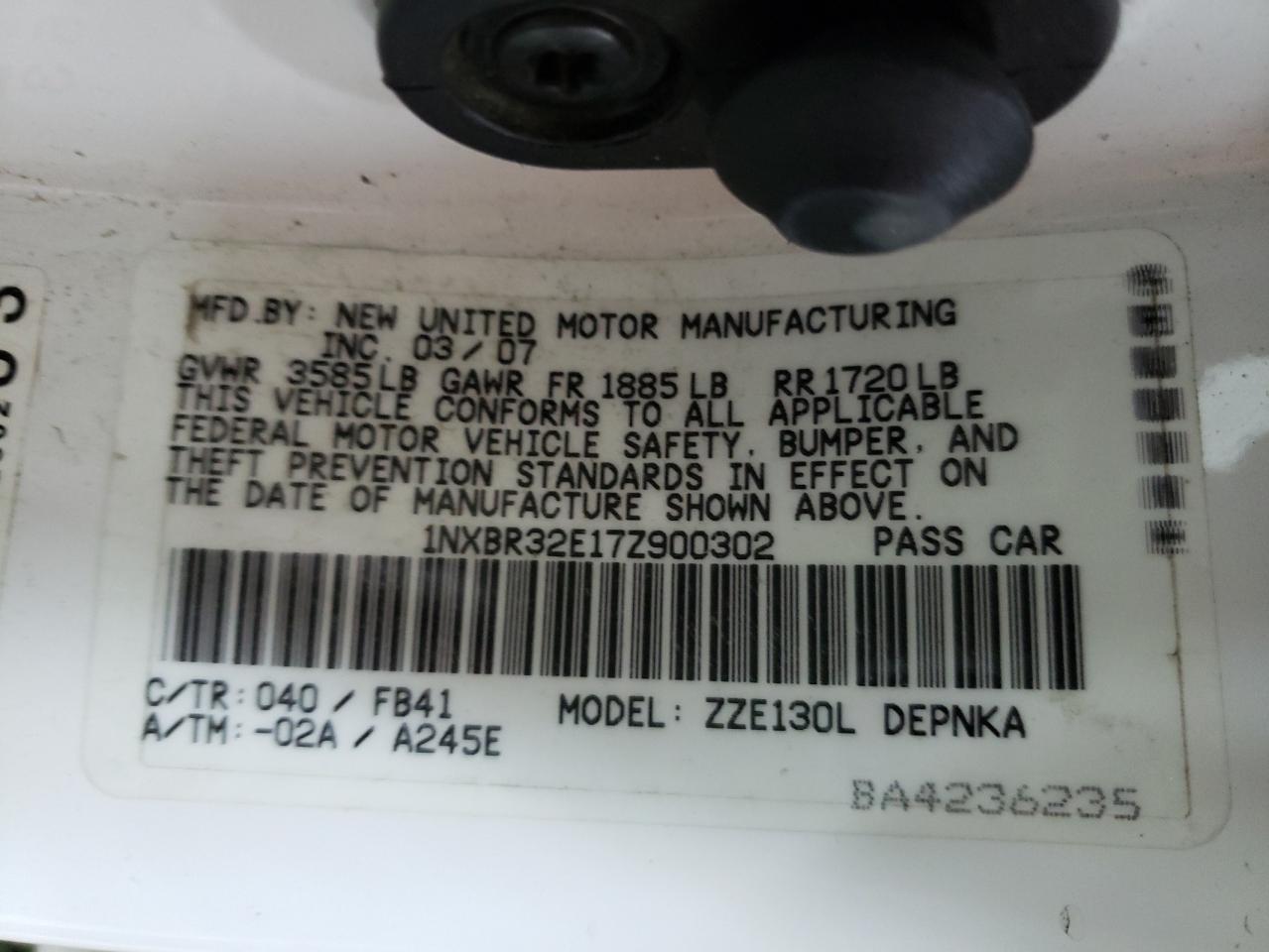 Photo 10 from auction – 2007 TOYOTA COROLLA CE with VIN 1NXBR32E17Z900302
