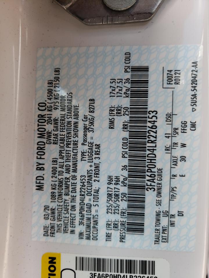 Photo 10 from auction – 2020 FORD FUSION SE with VIN 3FA6P0HD4LR226453