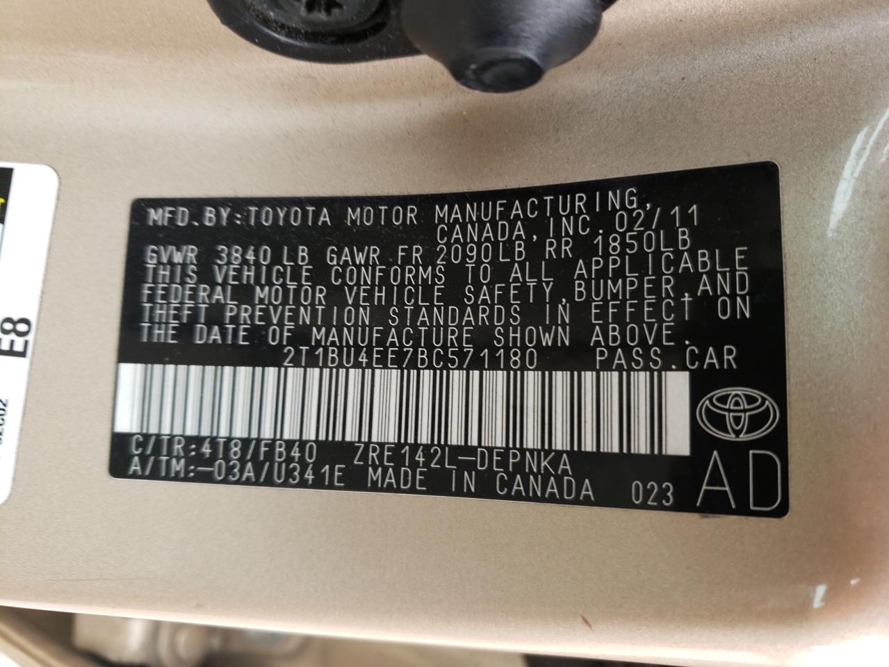 Photo 11 from auction – 2011 TOYOTA COROLLA BA with VIN 2T1BU4EE7BC571180