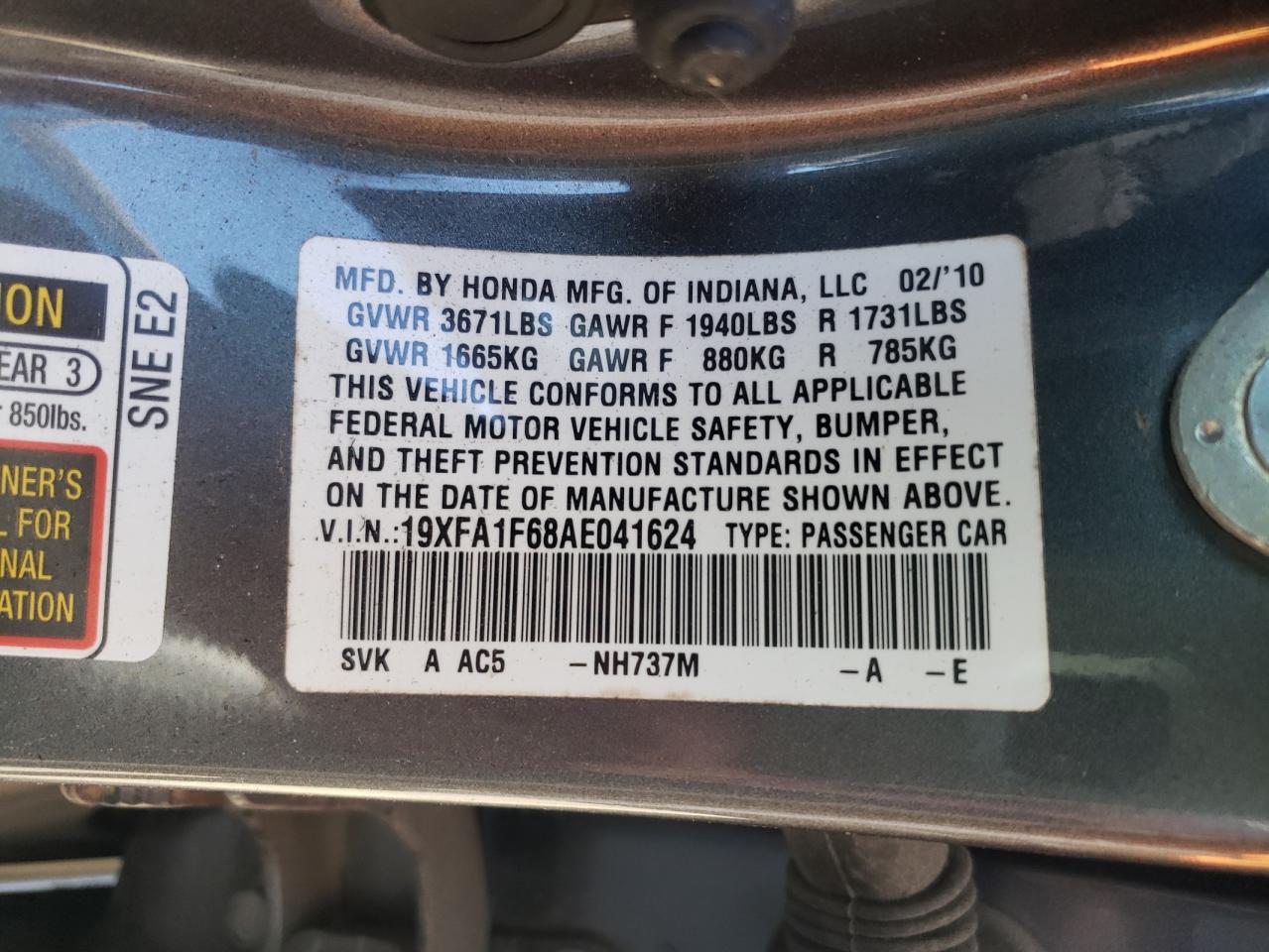 Photo 10 from auction – 2010 HONDA CIVIC LX-S with VIN 19XFA1F68AE041624