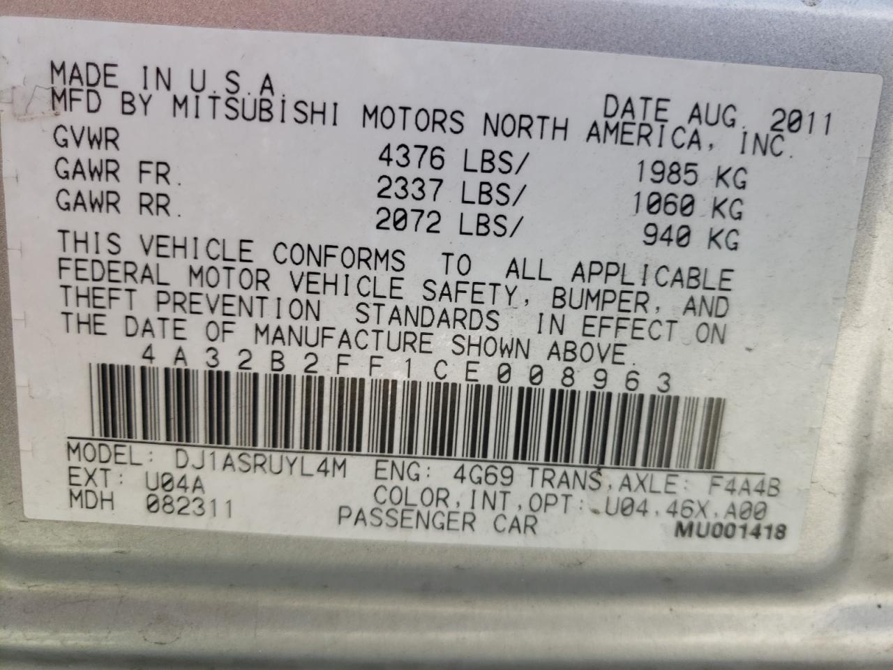 Photo 10 from auction – 2012 MITSUBISHI GALANT FE with VIN 4A32B2FF1CE008963