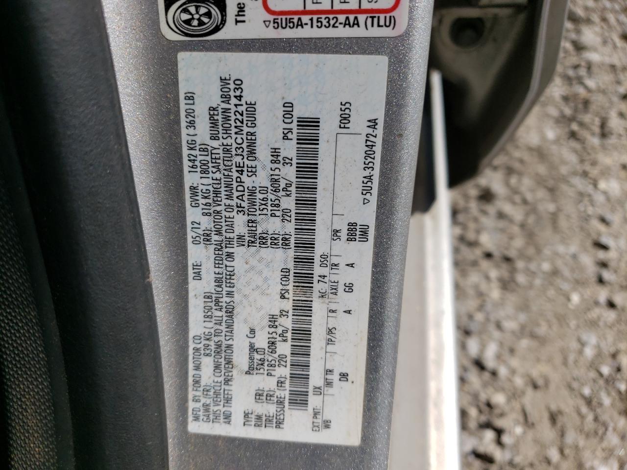 Photo 10 from auction – 2012 FORD FIESTA SE with VIN 3FADP4EJ3CM221430