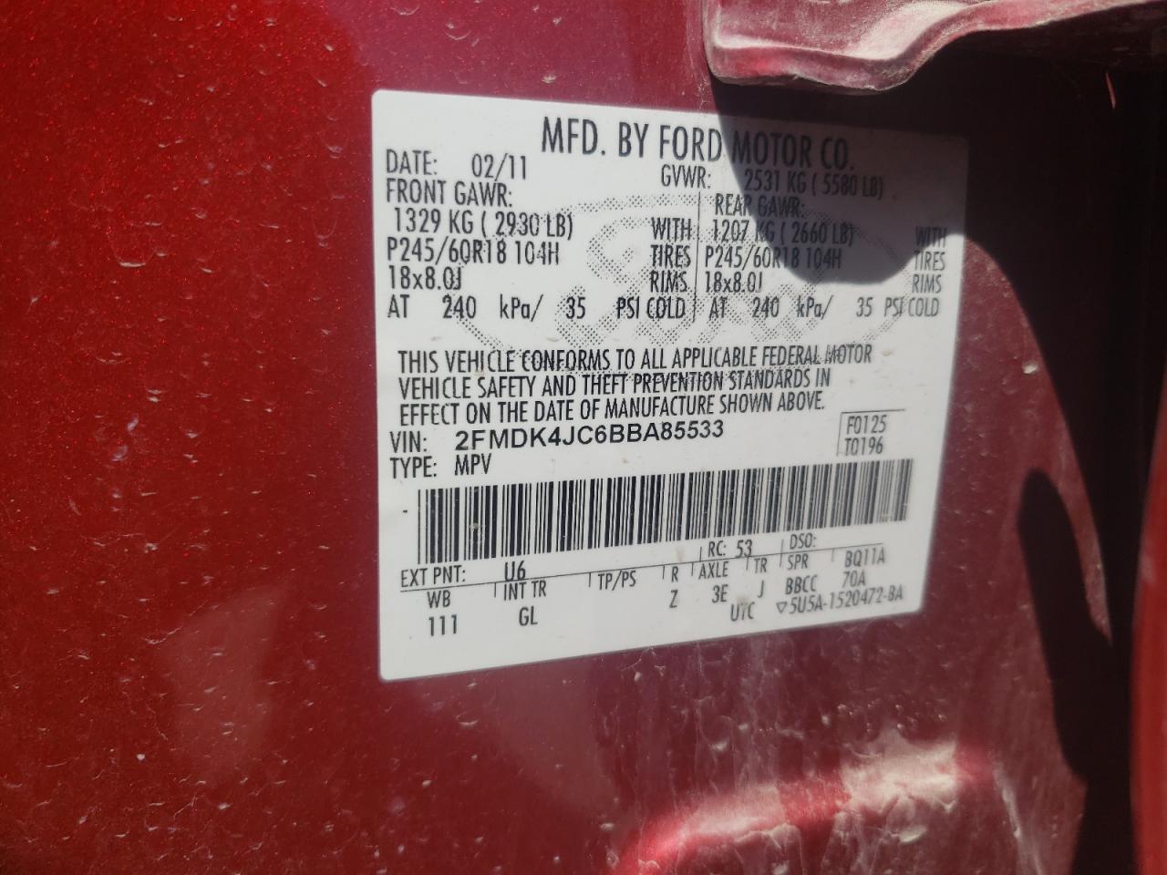 Photo 10 from auction – 2011 FORD EDGE SEL with VIN 2FMDK4JC6BBA85533