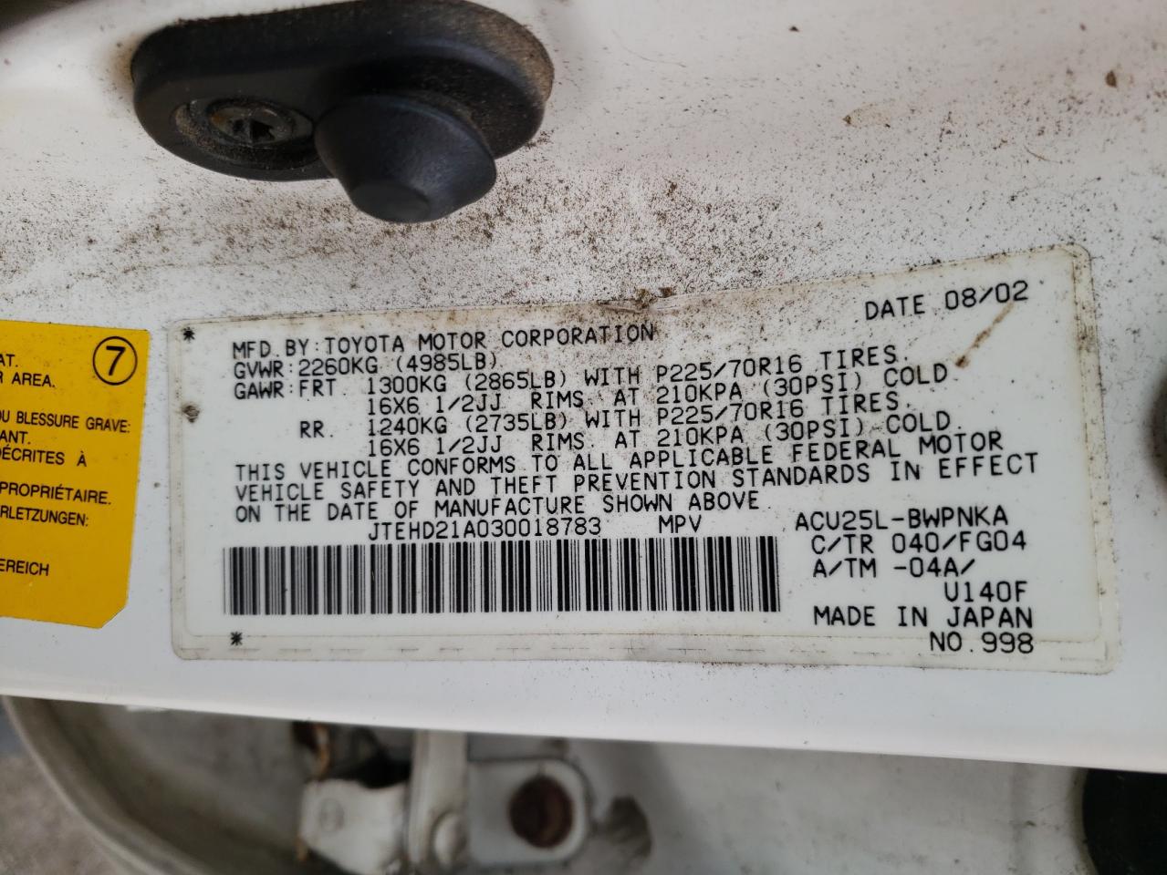 Foto 10 de la subasta – 2003 TOYOTA HIGHLANDER con VIN JTEHD21A030018783