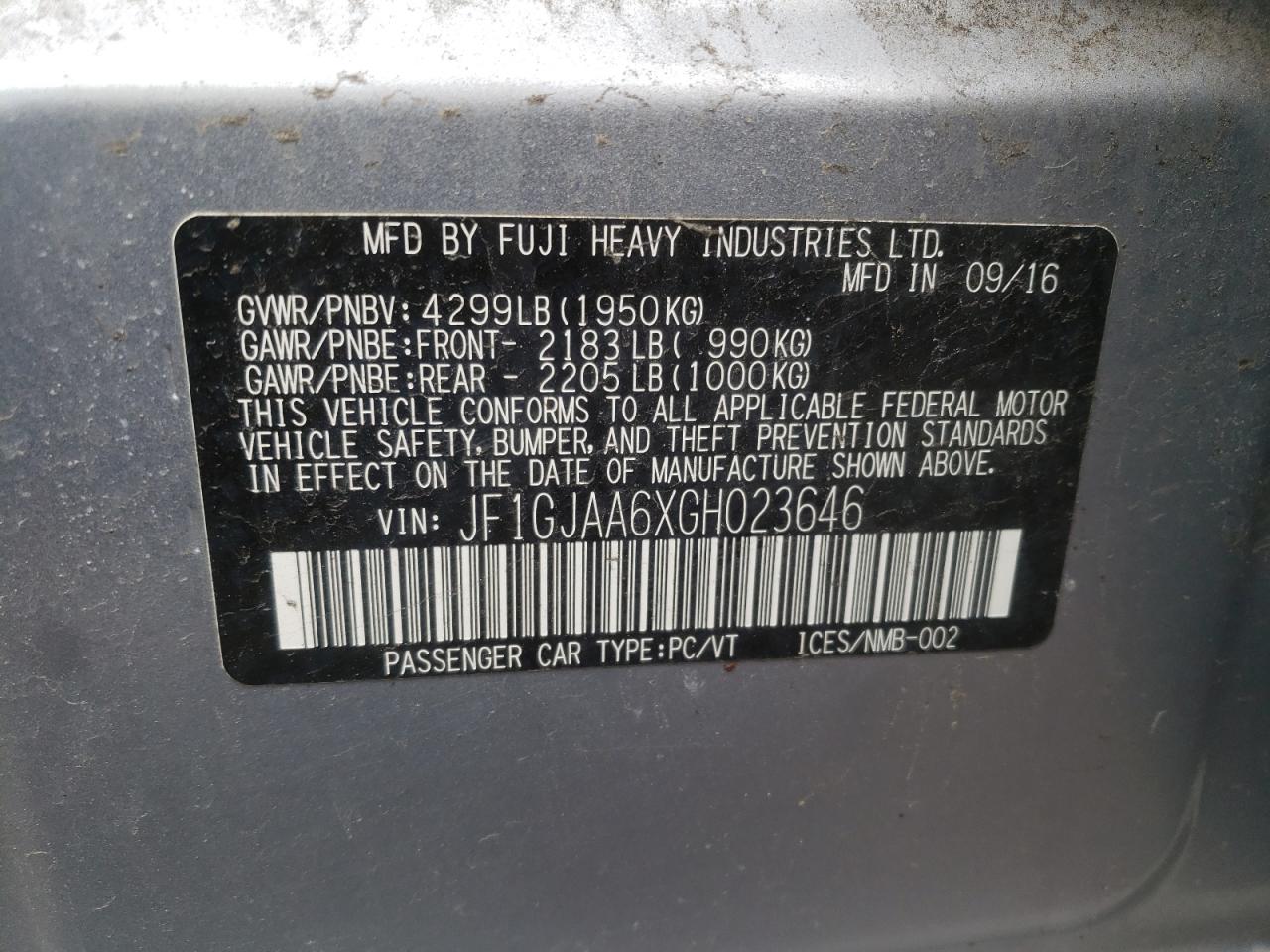 Photo 10 from auction – 2016 SUBARU IMPREZA with VIN JF1GJAA6XGH023646