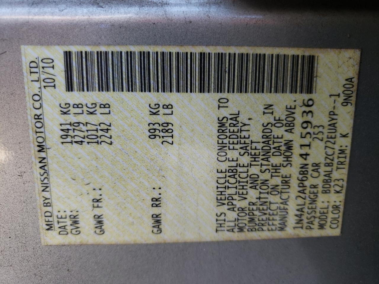 Photo 10 from auction – 2011 NISSAN ALTIMA BAS with VIN 1N4AL2AP6BN415936