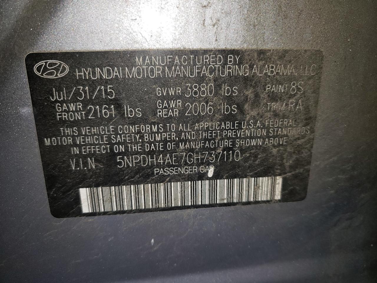 Photo 10 from auction – 2016 HYUNDAI ELANTRA SE with VIN 5NPDH4AE7GH737110