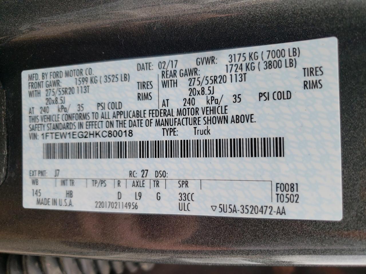 Photo 10 from auction – 2017 FORD F150 SUPER with VIN 1FTEW1EG2HKC80018