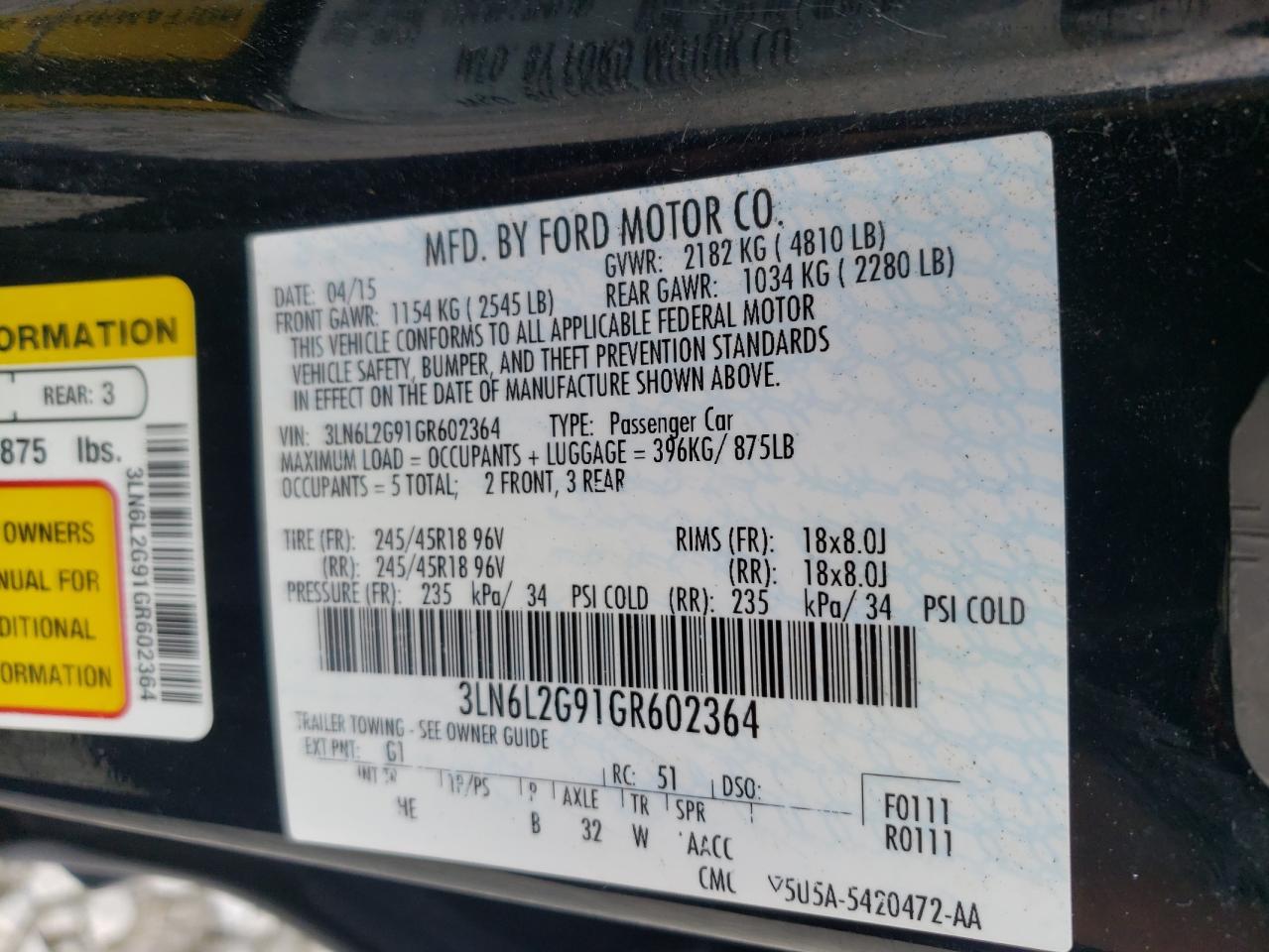 Photo 10 from auction – 2016 LINCOLN MKZ with VIN 3LN6L2G91GR602364