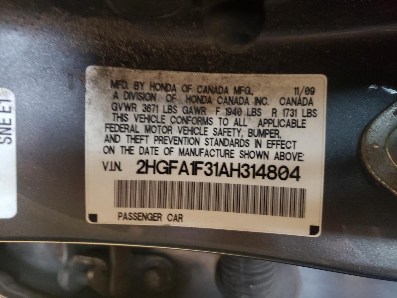 Photo 10 from auction – 2010 HONDA CIVIC VP with VIN 2HGFA1F31AH314804