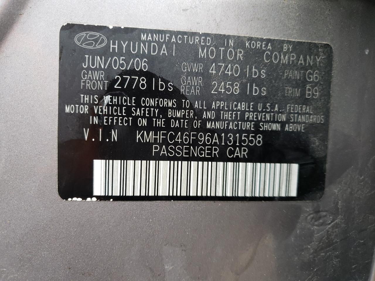 Photo 10 from auction – 2006 HYUNDAI AZERA SE with VIN KMHFC46F96A131558