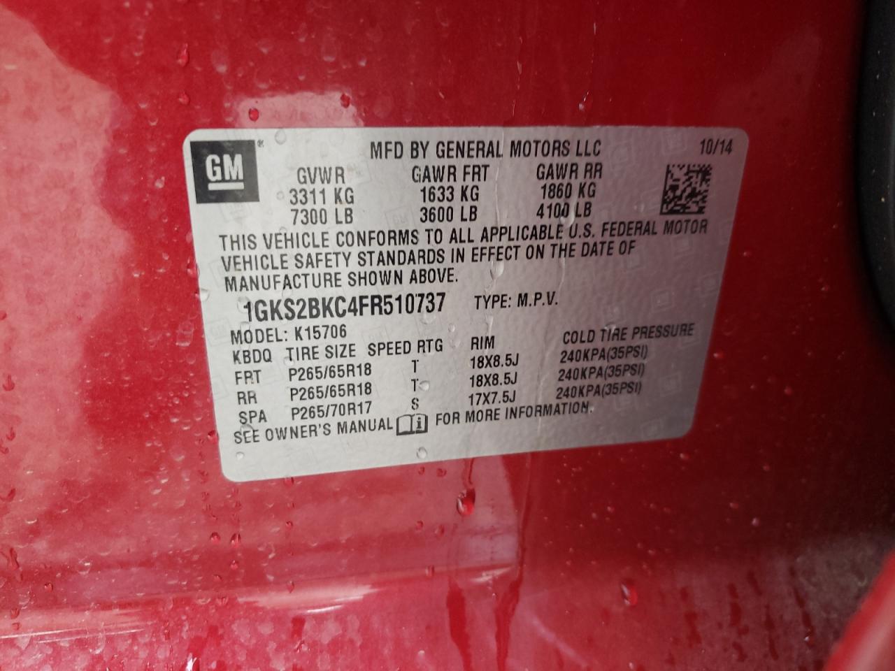 Photo 10 from auction – 2015 GMC YUKON SLT with VIN 1GKS2BKC4FR510737