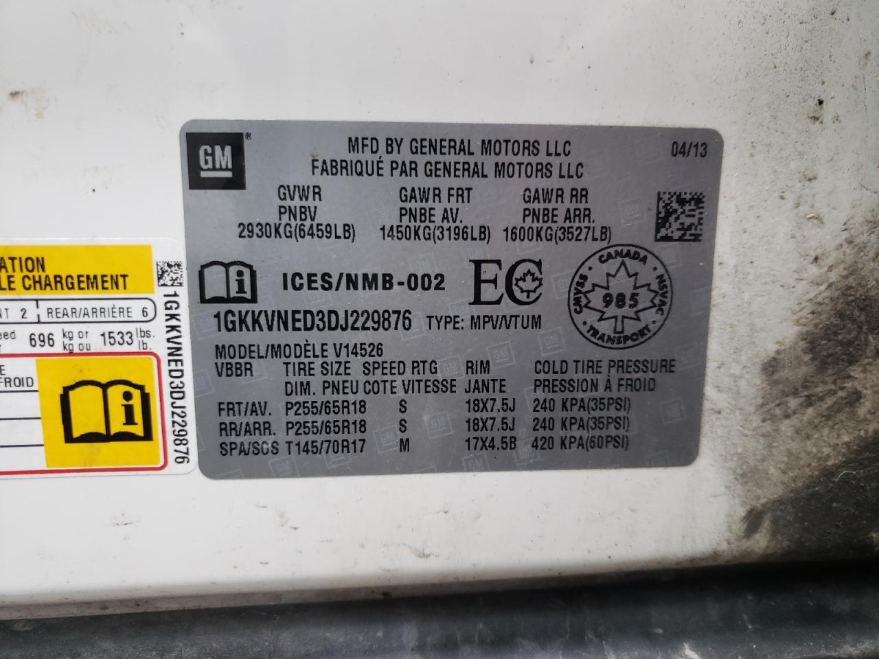 Photo 10 from auction – 2013 GMC ACADIA SLE with VIN 1GKKVNED3DJ229876