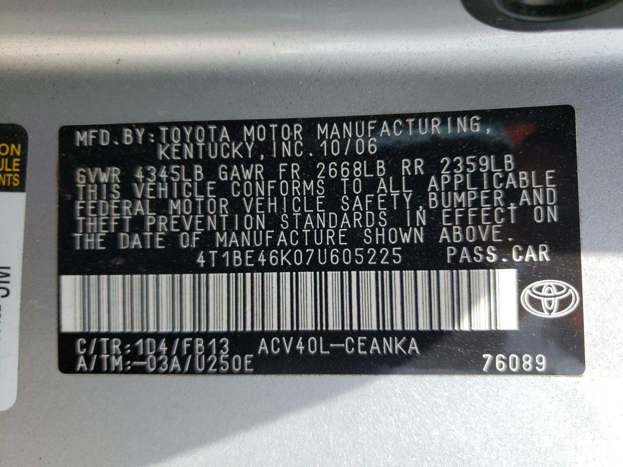 Photo 10 from auction – 2007 TOYOTA CAMRY CE with VIN 4T1BE46K07U605225