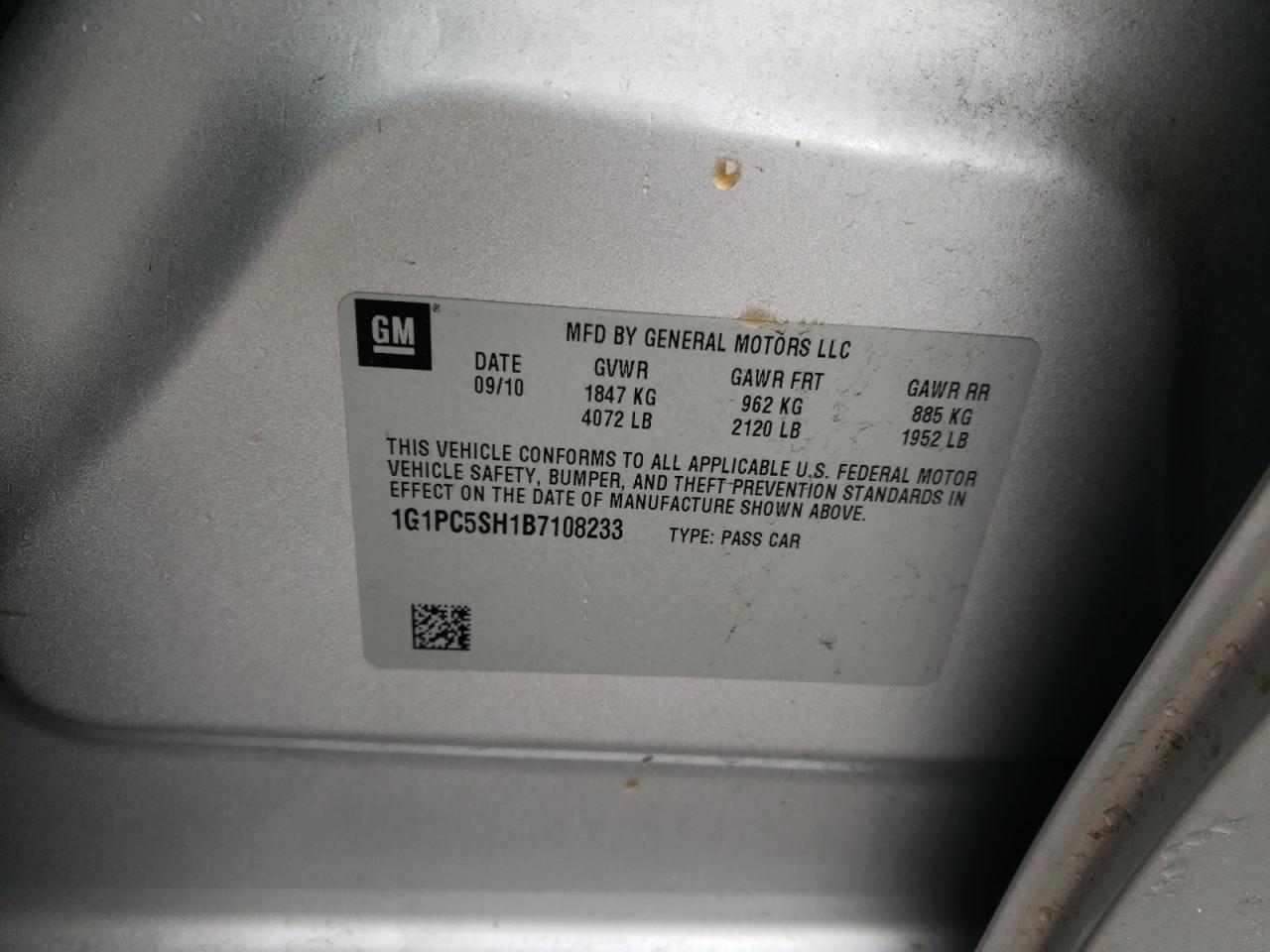 Photo 10 from auction – 2011 CHEVROLET CRUZE LS with VIN 1G1PC5SH1B7108233
