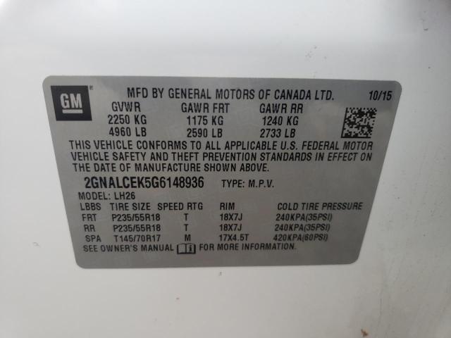 Photo 10 from auction – 2016 CHEVROLET EQUINOX LT with VIN 2GNALCEK5G6148936