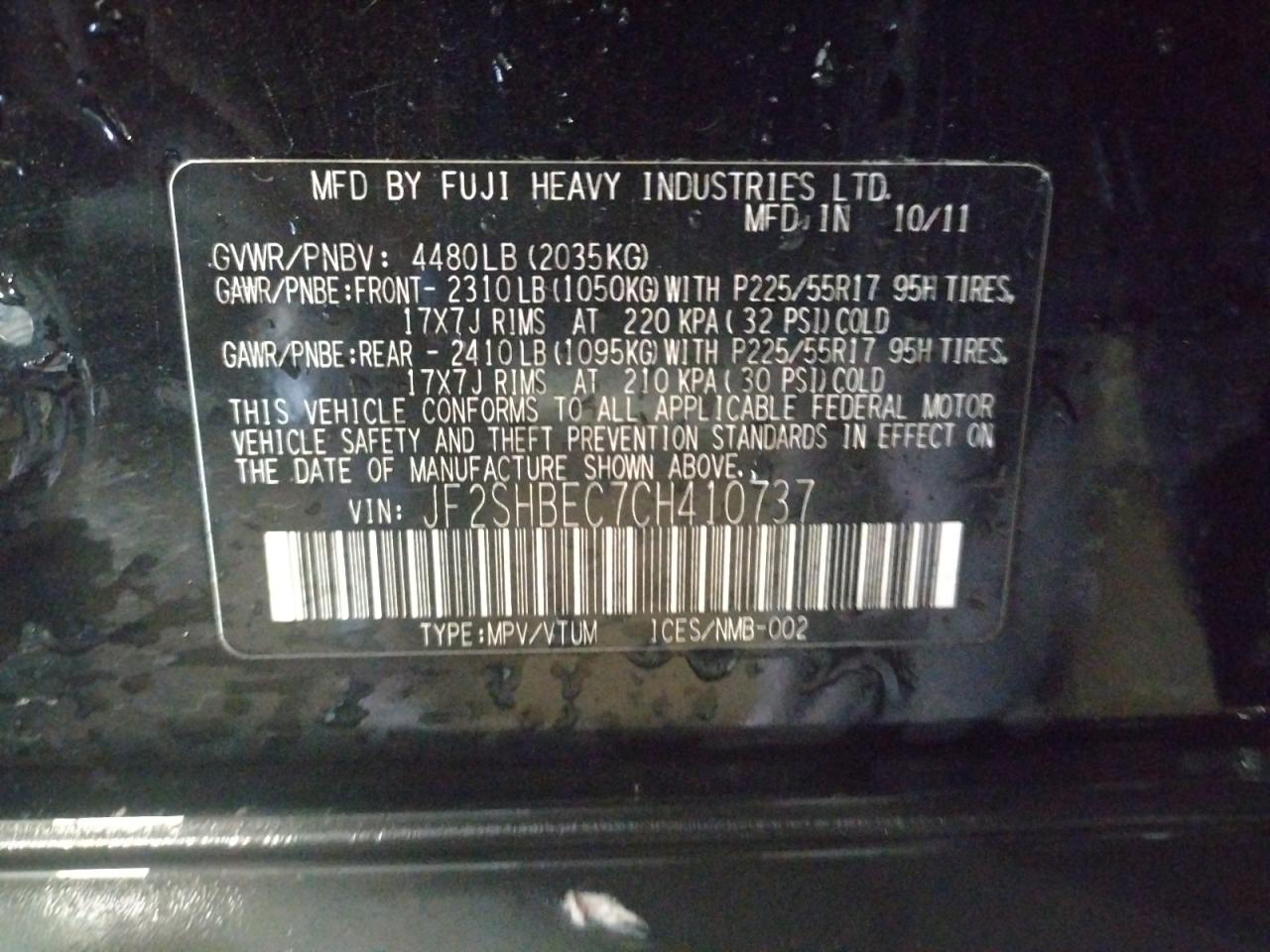 Photo 10 from auction – 2012 SUBARU FORESTER with VIN JF2SHBEC7CH410737