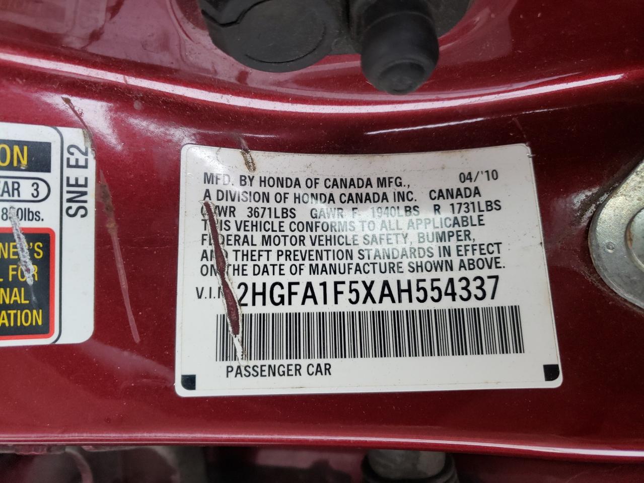 Photo 10 from auction – 2010 HONDA CIVIC LX with VIN 2HGFA1F5XAH554337