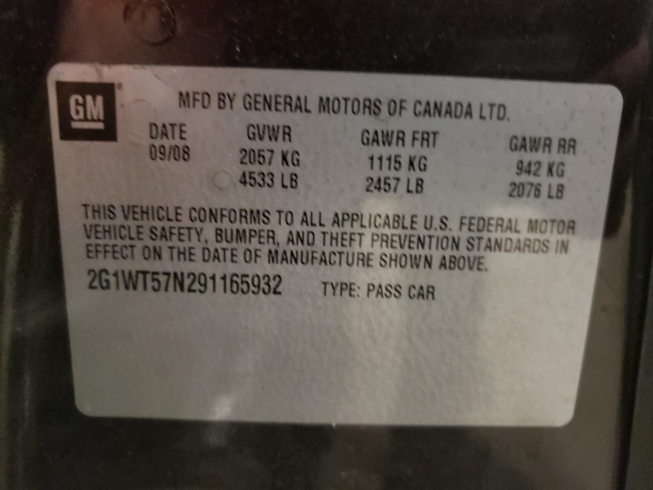 Photo 10 from auction – 2009 CHEVROLET IMPALA 1LT with VIN 2G1WT57N291165932