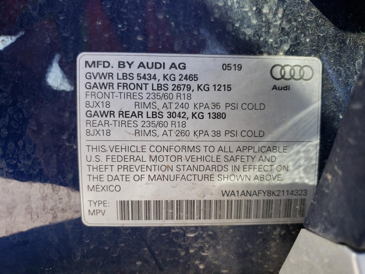Photo 10 from auction – 2019 AUDI Q5 PREMIUM with VIN WA1ANAFY8K2114323