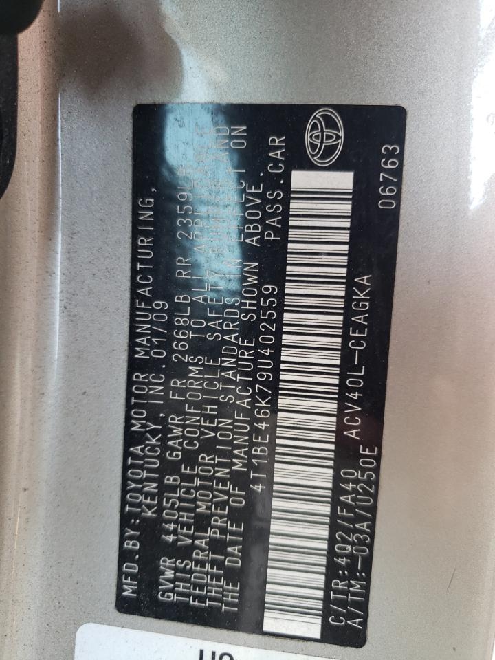Photo 10 from auction – 2009 TOYOTA CAMRY BASE with VIN 4T1BE46K79U402559