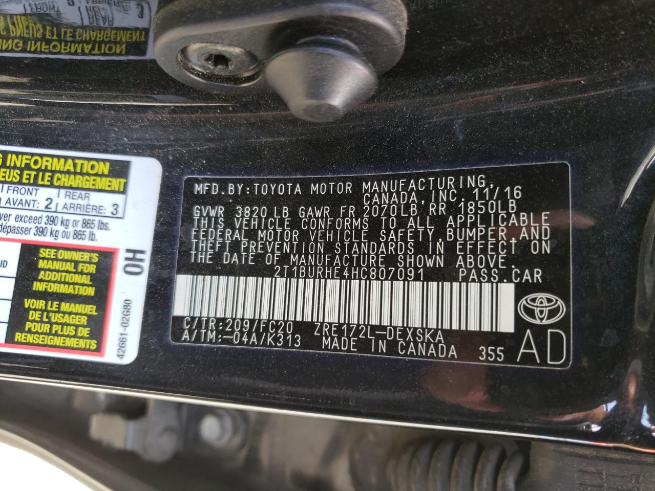 Photo 10 from auction – 2017 TOYOTA COROLLA L with VIN 2T1BURHE4HC807091