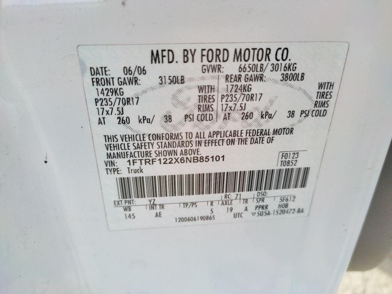 Photo 10 from auction – 2006 FORD F150 with VIN 1FTRF122X6NB85101