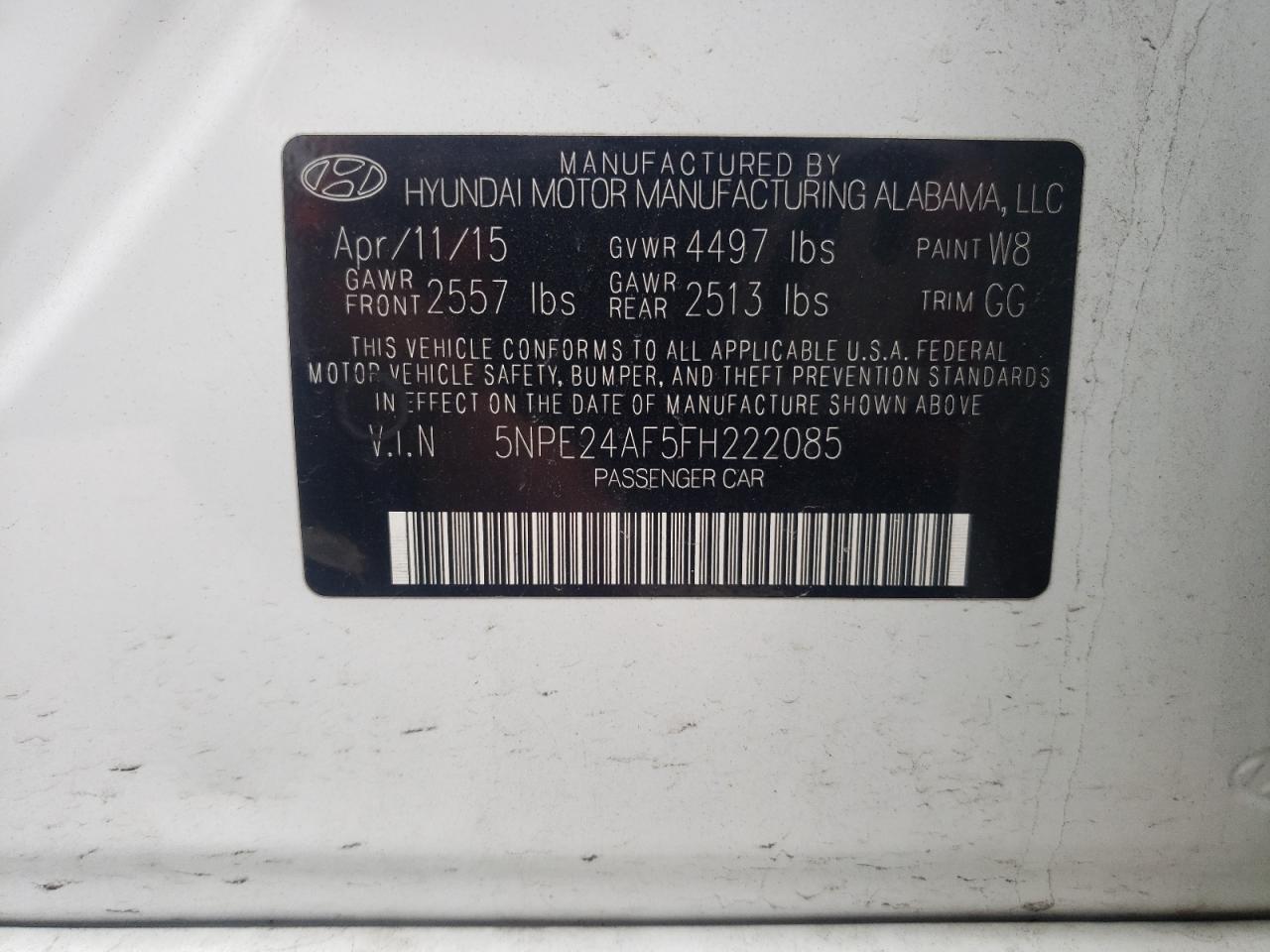 Photo 10 from auction – 2015 HYUNDAI SONATA SE with VIN 5NPE24AF5FH222085