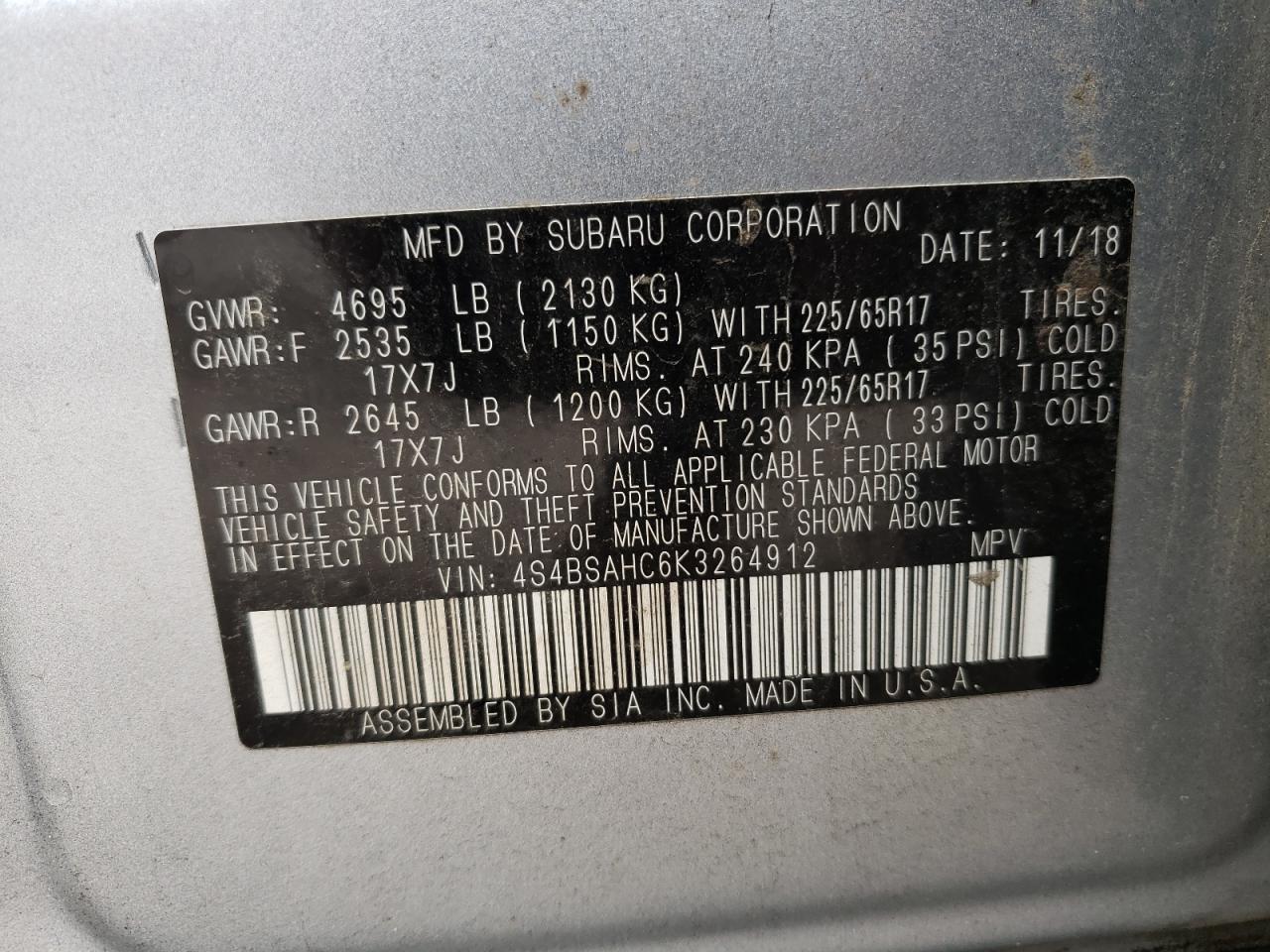 Photo 10 from auction – 2019 SUBARU OUTBACK 2. with VIN 4S4BSAHC6K3264912