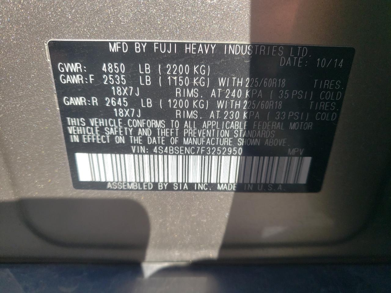 Photo 10 from auction – 2015 SUBARU OUTBACK 3. with VIN 4S4BSENC7F3252950
