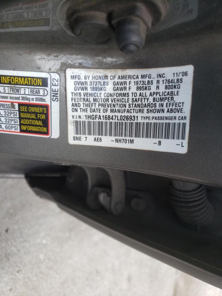 Photo 10 from auction – 2007 HONDA CIVIC EX with VIN 1HGFA16847L026931