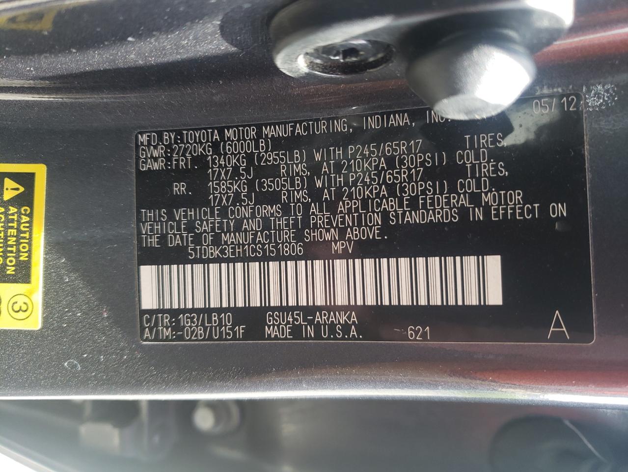 Photo 10 from auction – 2012 TOYOTA HIGHLANDER with VIN 5TDBK3EH1CS151806