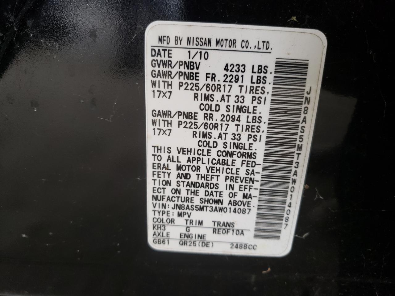 Photo 10 from auction – 2010 NISSAN ROGUE S with VIN JN8AS5MT3AW014087