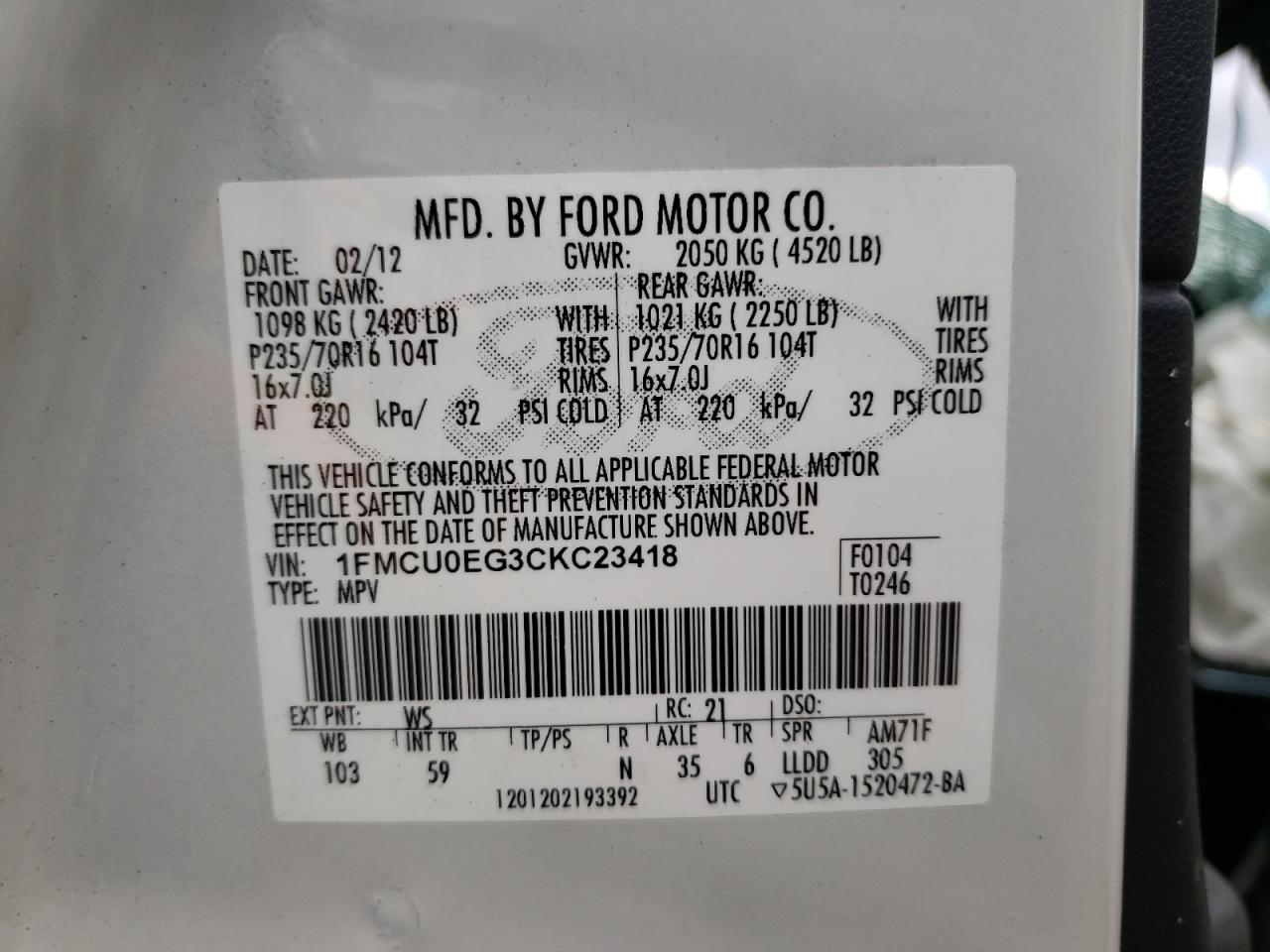 Photo 10 from auction – 2012 FORD ESCAPE LIM with VIN 1FMCU0EG3CKC23418