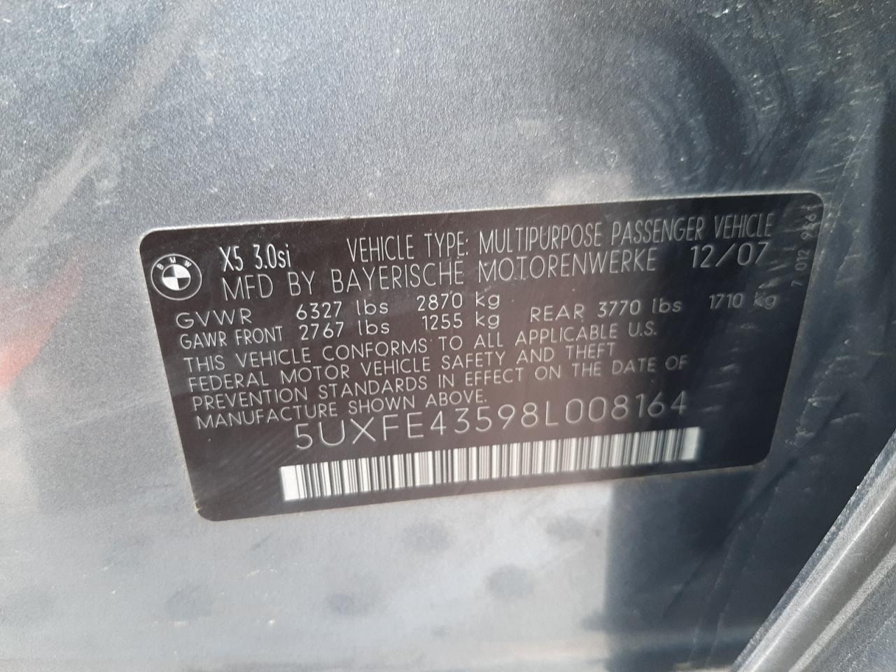 Photo 10 from auction – 2008 BMW X5 3.0I with VIN 5UXFE43598L008164