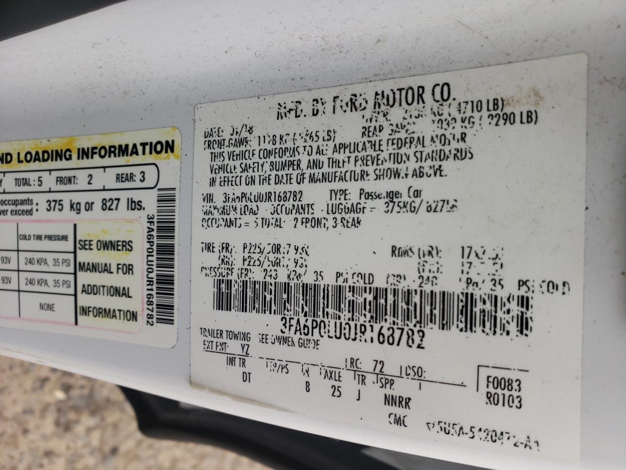 Photo 10 from auction – 2018 FORD FUSION SE with VIN 3FA6P0LU0JR168782