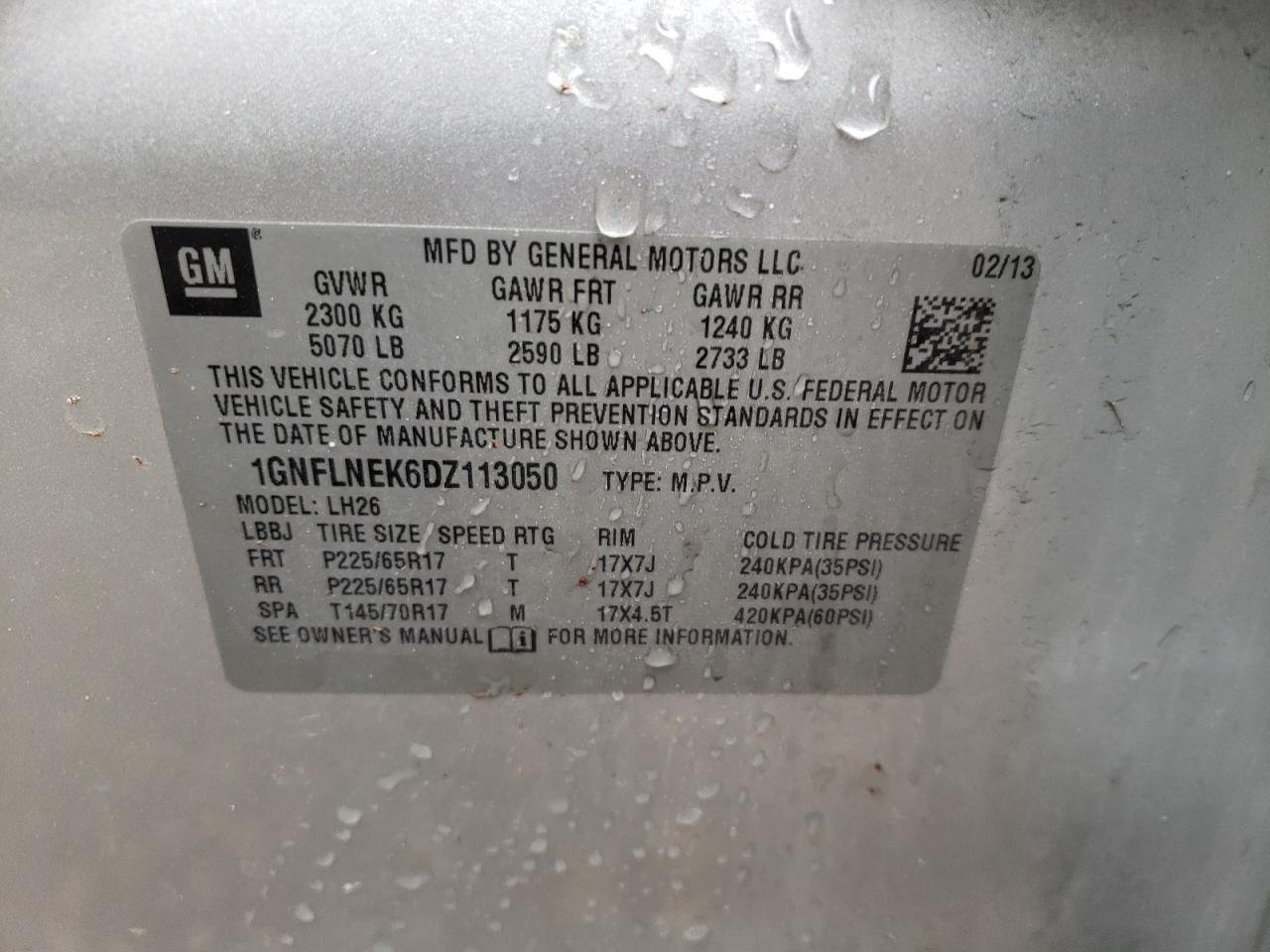 Photo 10 from auction – 2013 CHEVROLET EQUINOX LT with VIN 1GNFLNEK6DZ113050
