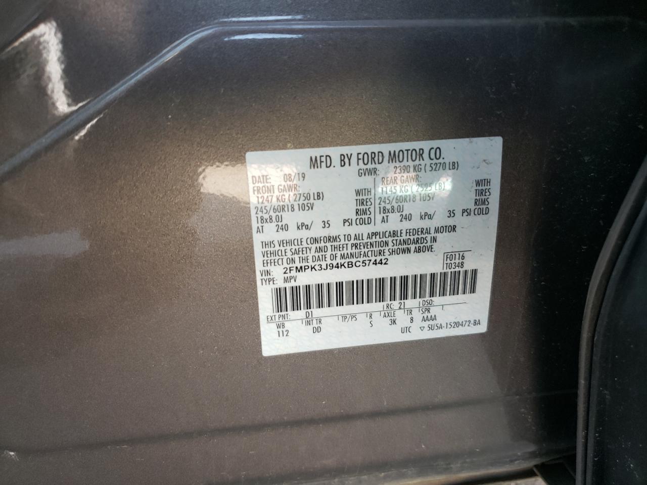 Photo 10 from auction – 2019 FORD EDGE SEL with VIN 2FMPK3J94KBC57442