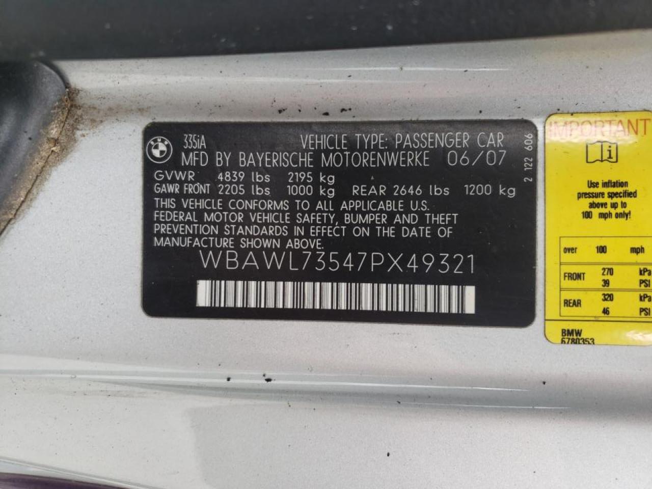 Photo 10 from auction – 2007 BMW 335 I with VIN WBAWL73547PX49321