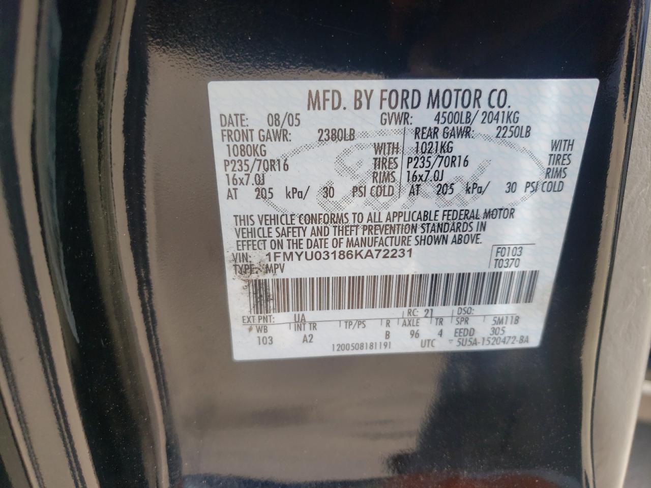 Photo 10 from auction – 2006 FORD ESCAPE XLT with VIN 1FMYU03186KA72231