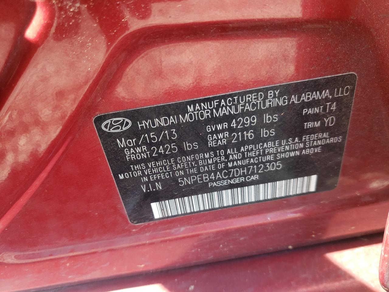 Photo 10 from auction – 2013 HYUNDAI SONATA GLS with VIN 5NPEB4AC7DH712305
