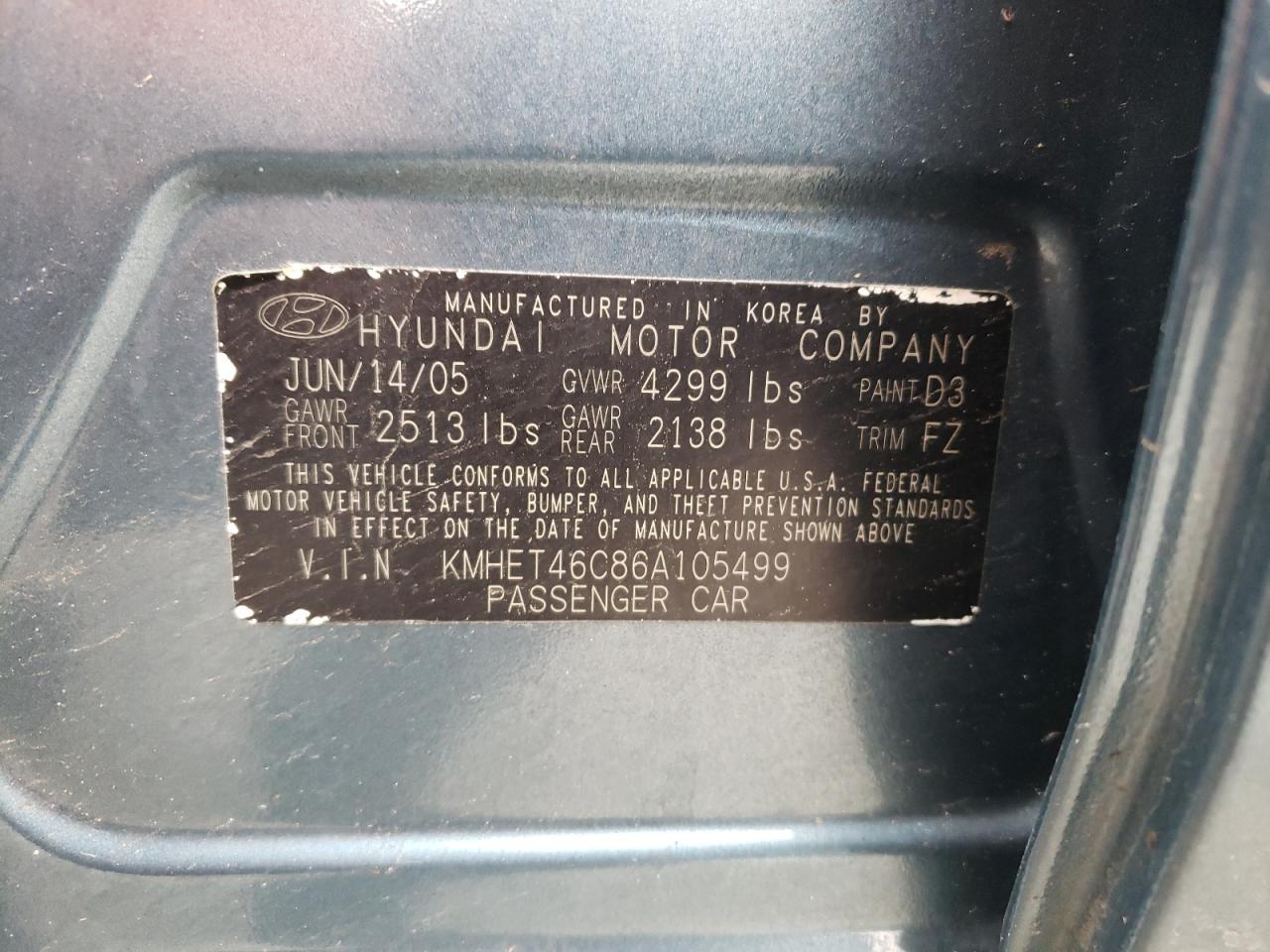 Photo 10 from auction – 2006 HYUNDAI SONATA GL with VIN KMHET46C86A105499