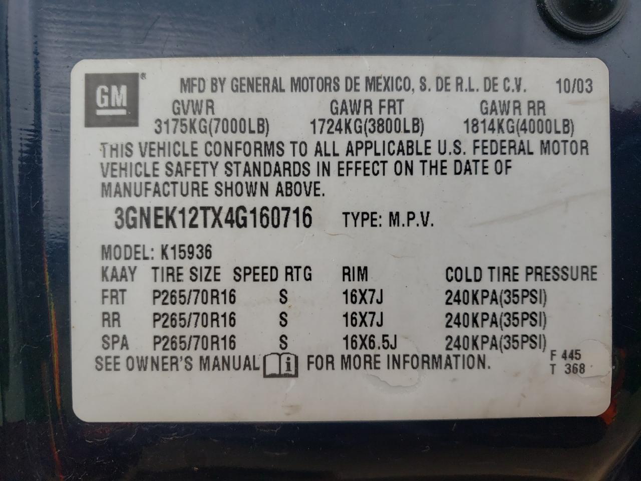 Photo 10 from auction – 2004 CHEVROLET AVALANCHE with VIN 3GNEK12TX4G160716