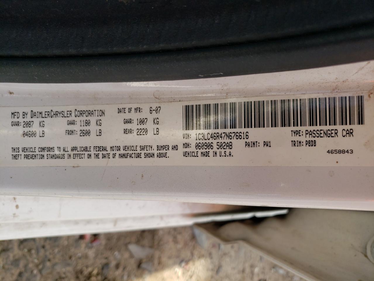 Photo 10 from auction – 2007 CHRYSLER SEBRING with VIN 1C3LC46R47N676616