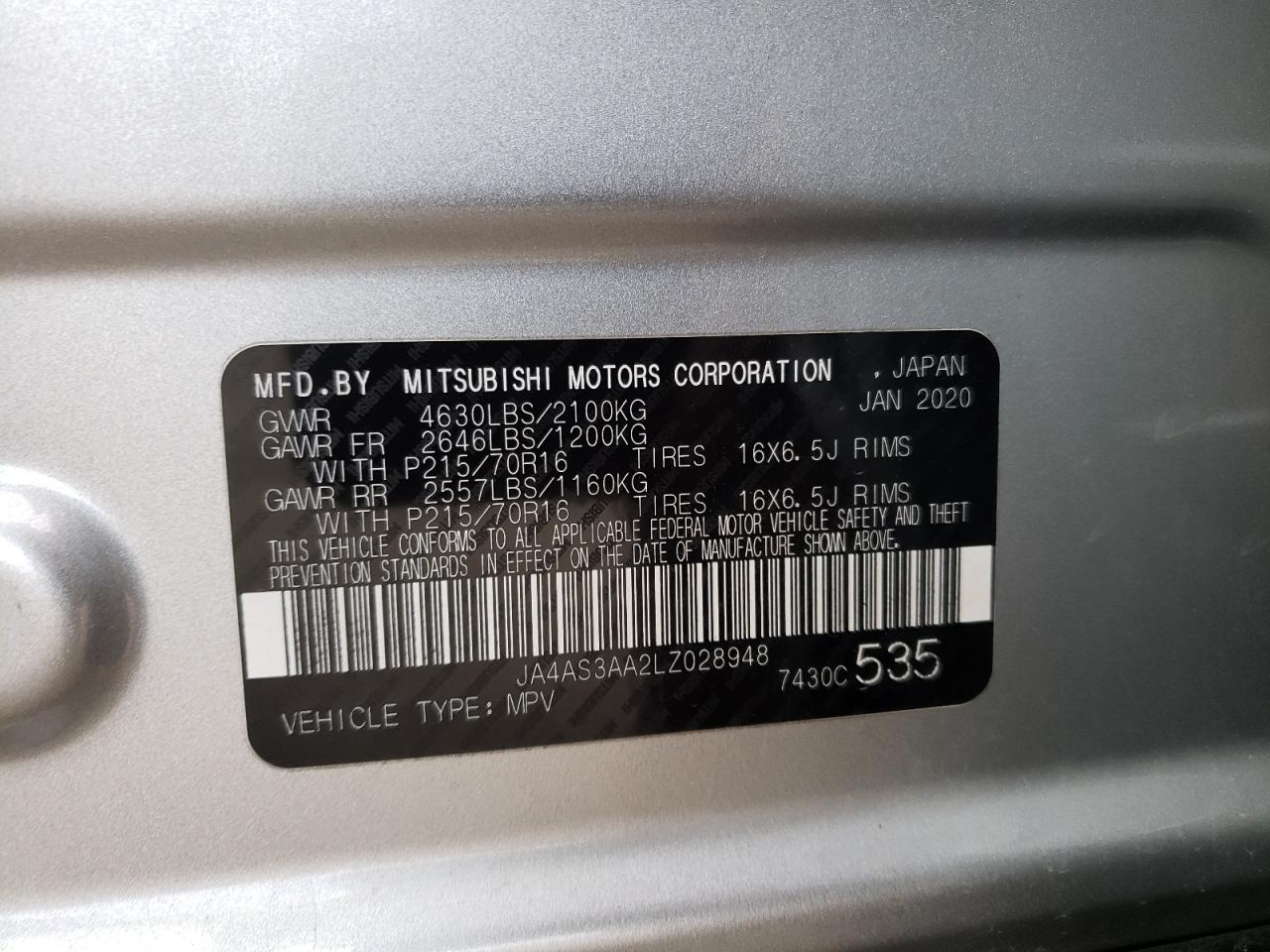 Photo 10 from auction – 2020 MITSUBISHI ECLIPSE CR with VIN JA4AS3AA2LZ028948